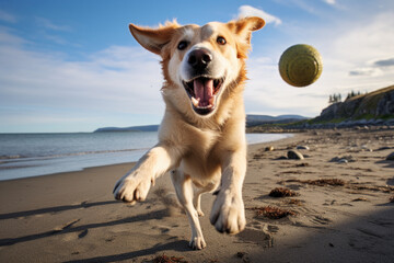 Happy adorable dog playing fetch on sand beach - obrazy, fototapety, plakaty