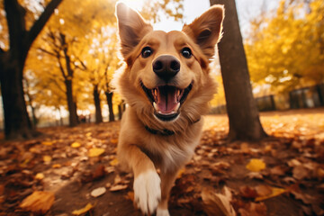 Happy adorable dog playing fetch in autumn park
