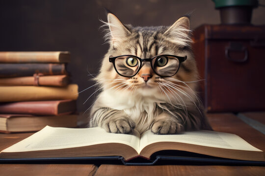 Intelligent fluffy cat in glasses reading book