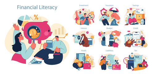 Financial Literacy set. Individuals explore key financial concepts from savings to taxes. Assessing investments, safeguarding with insurance, budgeting wisely. Flat vector illustration. - obrazy, fototapety, plakaty