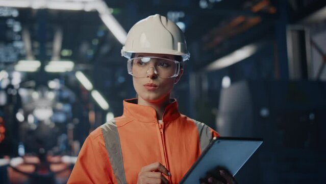 Smiling engineer holding tablet cheking production industrial enterprise closeup