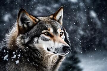 wolf in the snow giving dangerous look and hungry abstract background 