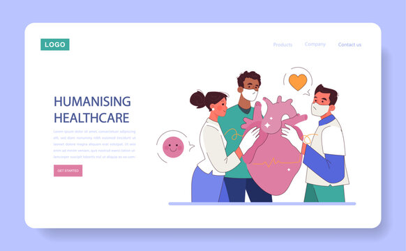 Humanizing healthcare web banner or landing page. Modern physician approach on medical treatment and patient assistance. Doctor ethical commitment and alliance. Flat vector illustration