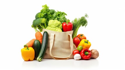 Organic vegetables in shopping bags on white background. Generative AI