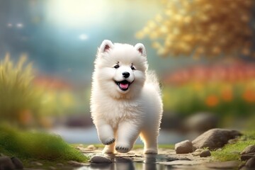 portrait of a purebred dog samoyed smile happiness. Generative AI