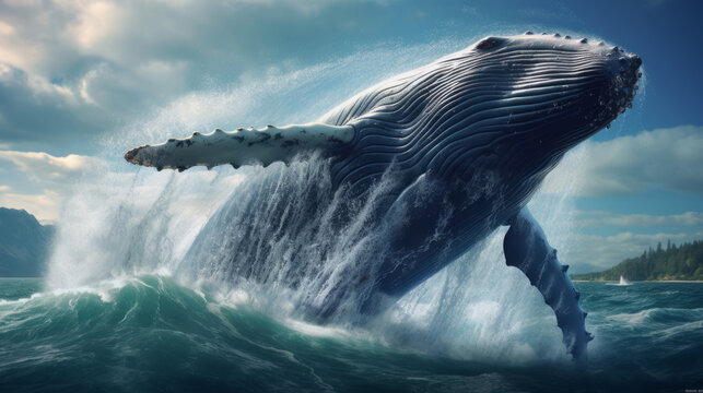 A large blue humpback whale jumps out of the water in the middle of the ocean. The strength and power of the largest mammal in the world. Marine inhabitants Generative AI. - Powered by Adobe