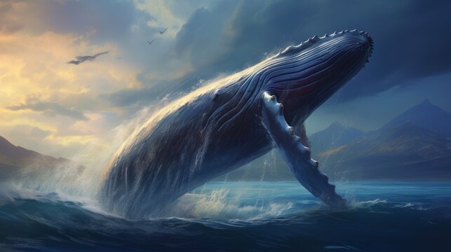 A large blue humpback whale jumps out of the water in the middle of the ocean. The strength and power of the largest mammal in the world. Marine inhabitants Generative AI. - Powered by Adobe