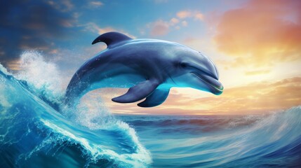 Bottlenose dolphin jumps out of the water in the middle of the ocean at sunset. A beautiful intelligent sea dweller is a charming mammal in the wild. Generative AI. - obrazy, fototapety, plakaty