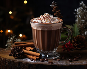 Mug of hot chocolate with cream, winter holiday drink