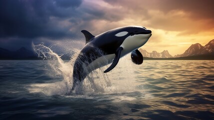 Fototapeta premium A killer whale jumps out of the water in the middle of the ocean. The strength and power of a large predatory dangerous dolphin . Marine inhabitants. Generative AI.
