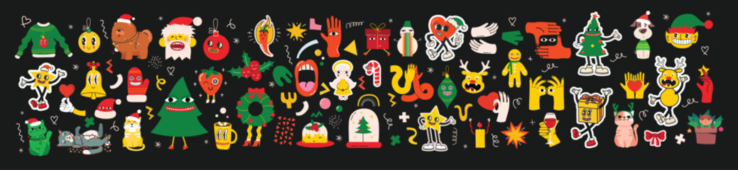 Groovy hippie Christmas stickers. Santa Claus, Christmas tree, gifts, rainbow, peace, groovy and bright, star in trendy retro cartoon style. Merry Christmas and Happy New year. - obrazy, fototapety, plakaty