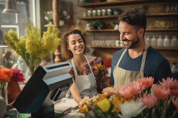 Smiling male florist holding card reader machine at counter with customer paying  - obrazy, fototapety, plakaty