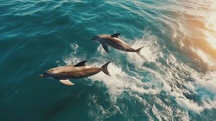 Obraz premium A pair of dolphins are adorable mammals in the wild. Two bottlenose dolphins jump out of the water hunting fish in the ocean. Aerial view. Generative AI.