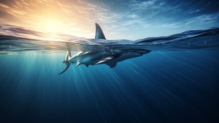 Dangerous toothy shark swims underwater in the sea in search of a victim. Predator in the wild in the ocean. The fin sticks out above the surface of the water. Generative AI. - Powered by Adobe