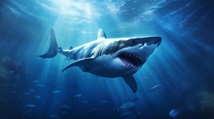 Fototapeta premium A dangerous toothy shark swims underwater hunting fish. Shark is a predator in the wild in the ocean. Front view of the scary jaws. Generative AI.