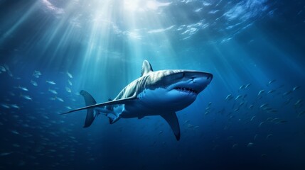 Naklejka premium A dangerous toothy shark swims underwater hunting fish. Shark is a predator in the wild in the ocean. Front view of the scary jaws. Generative AI.