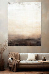 Minimalist vintage style painting, acrylic texture abstract painting in beige and dark beige and black in modern interior.
