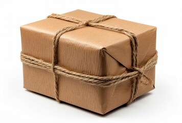 A beautifully wrapped gift box with a rustic rope bow