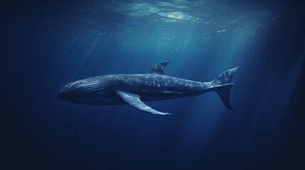 Fototapeta premium A large blue humpback whale into the water in the middle of the ocean. The strength and power of the largest mammal in the world. Marine inhabitants Generative AI.