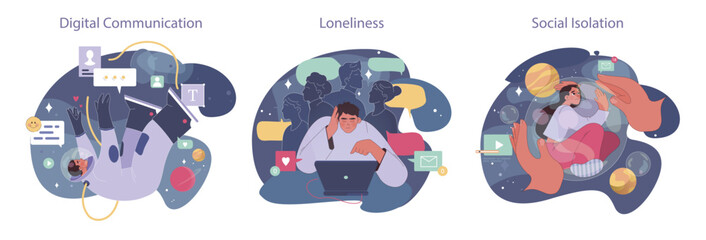 Loneliness set. Unhappy person, astronaut left alone in space. Character suffering from solitude. Modern communication problem and self-isolation. Flat vector illustration