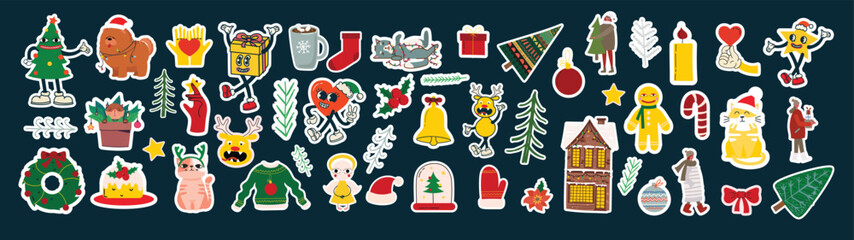 Groovy hippie Christmas stickers. Santa Claus, Christmas tree, gifts, rainbow, peace, groovy and bright, star in trendy retro cartoon style. Merry Christmas and Happy New year.