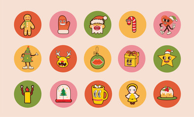 Groovy hippie Christmas icons. Santa Claus, Christmas tree, gifts, rainbow, peace, groovy and bright, star in trendy retro cartoon style. Merry Christmas and Happy New year.