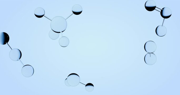 Greenhouse gas molecules rotate on a blue background, 3d rendering of molecular structures of water, ozone, methane 