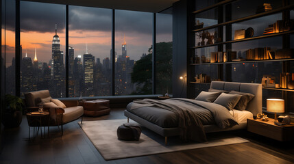 Camera da letto con arredamento moderno con ampia vetrata sulla città al tramonto - obrazy, fototapety, plakaty