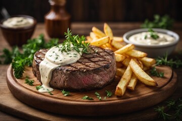 beef steak with french fries, sour cream mayonnaise sauce and herbs on wooden plate 