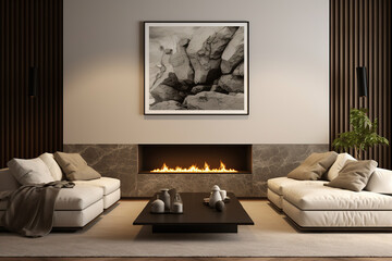 modern contemporary luxury interior design of a living room with couch and fireplace as modern home mockup banners