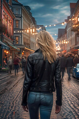 AI Generated Blonde in the City Walking Away. - 670074575