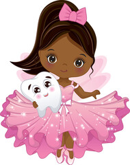 Vector Cute African American Tooth Fairy with Tooth