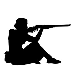 Silhouette of a woman holding rifle weapon targeting. Silhouette of a female shooter aiming with rifle firearm.