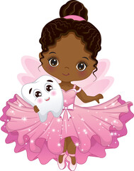 Vector Cute African American Tooth Fairy with Tooth