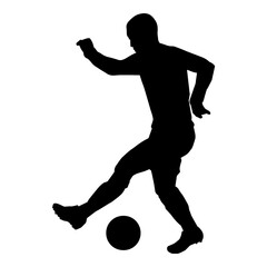 Silhouette of a male soccer player kicking a ball. Silhouette of a football player in action pose.