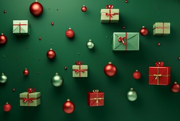 A festive arrangement of wrapped Christmas presents on a vibrant green background