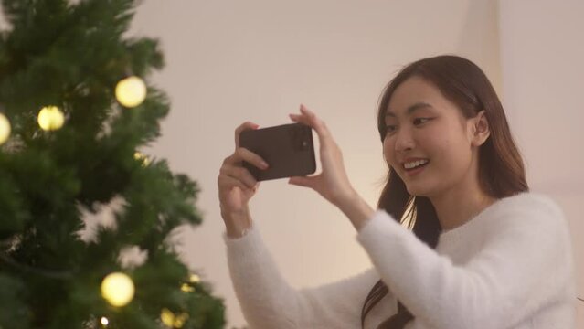 Woman taking a photo with christmas tree pine