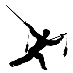 Silhouette of a kungfu or wushu martial art athlete in action pose. Silhouette of a male martial art person in pose with swords weapon.