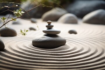 Fototapeta na wymiar Abstract zen garden with smooth sand ripples and stacked pebbles