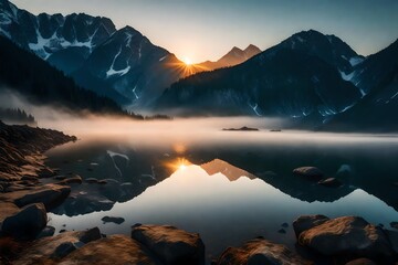 A breathtaking sunrise over a tranquil mountain lake, with mist gently rising from the water. --