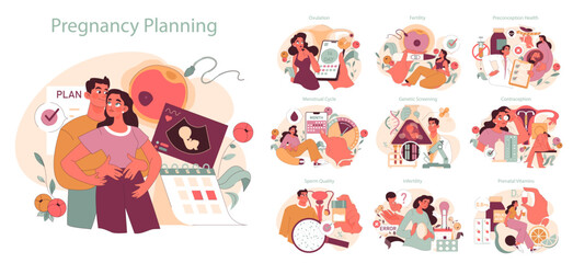Pregnancy Planning set. Couples explore fertility, ovulation, contraception, and prenatal care. Embracing the journey. Decoding the menstrual cycle. Ensuring healthy conception. Flat vector. - obrazy, fototapety, plakaty