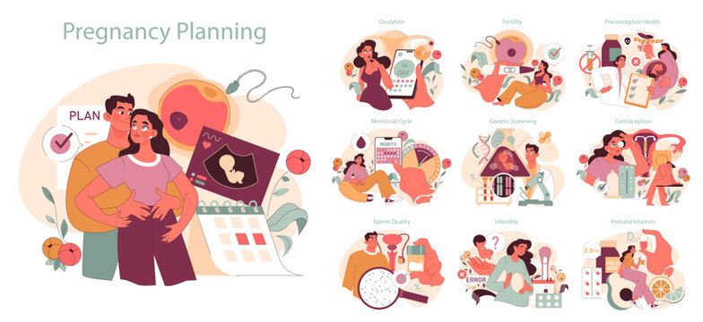 Pregnancy Planning set. Couples explore fertility, ovulation, contraception, and prenatal care. Embracing the journey. Decoding the menstrual cycle. Ensuring healthy conception. Flat vector.