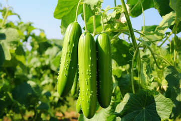 The close up of a green rough cucumber bunch growing on a vine tree in the vegetable garden. Generative AI.
