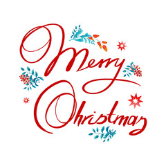 Merry Christmas text and hand drawn winter branches with red berries .