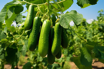 The close up of a green rough cucumber bunch growing on a vine tree in the vegetable garden. Generative AI.