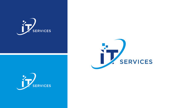 Digital IT technology service logo design with dynamic swoosh and pixel vector 