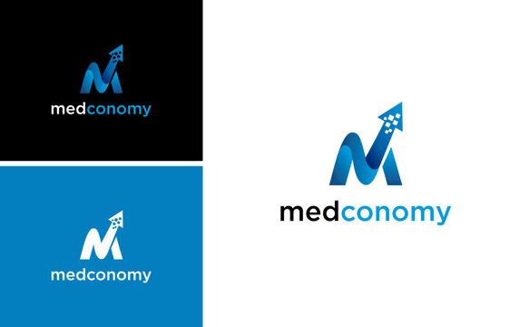 Initial M logo with digital  grow up increase economy vector template, med economy logotype