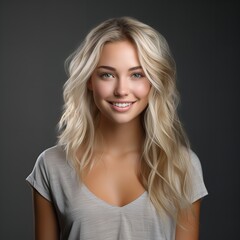A stunning young blonde grinning and facing the camera against a gray backdrop. Generative Ai.