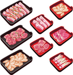 vector set of Shabu menu.pork meat, beef, chicken, seafood ingredient illustration.
shabu, sukiyaki, moo kra ta. - obrazy, fototapety, plakaty