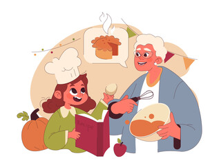 Joyful family celebrating Thanksgiving. American holiday dining and gathering. Happy child and grandmother spending time together, cooking traditional pumpkin pie. Flat vector illustration